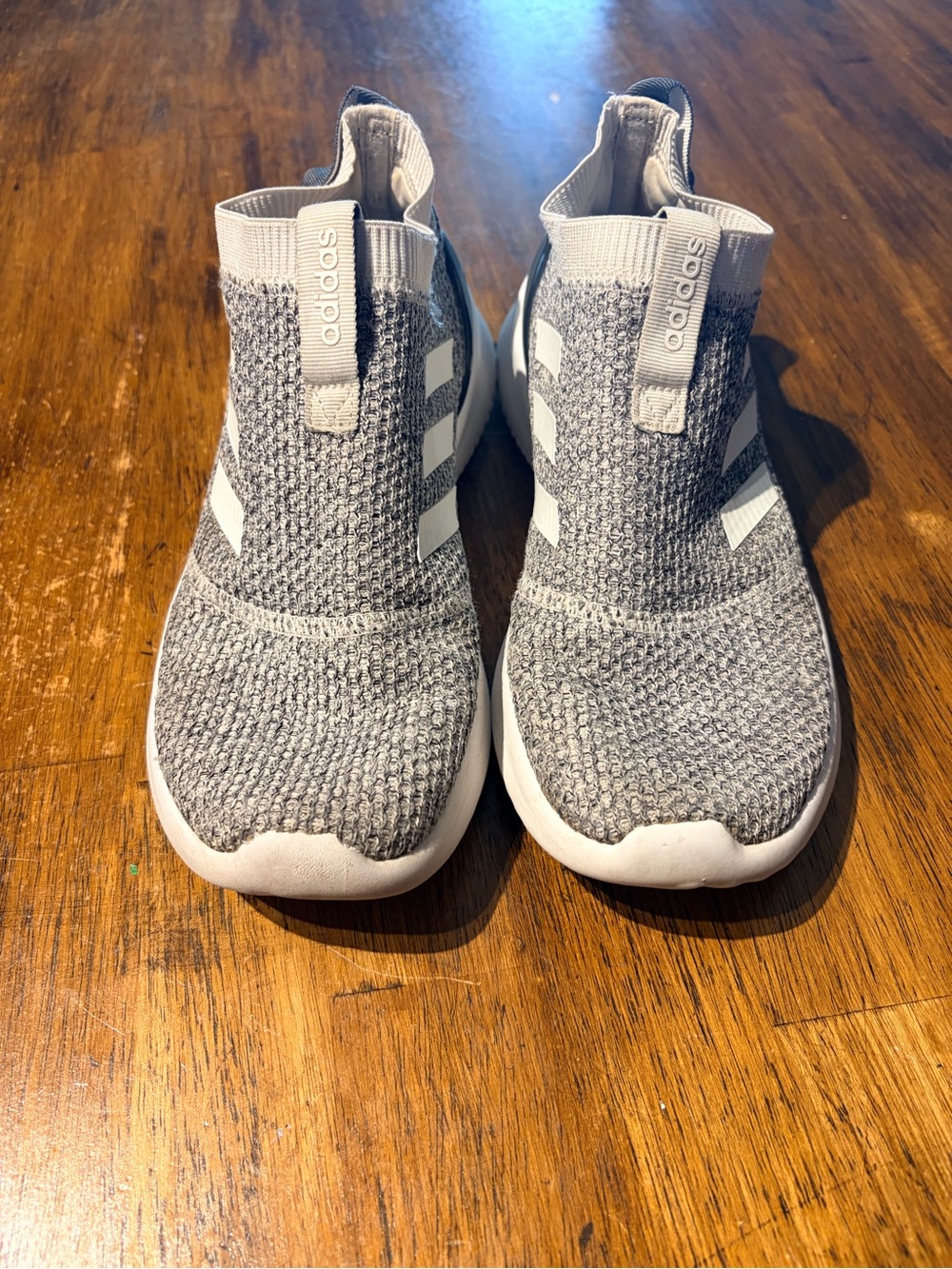 adidas Women Gray Knit Slip-On Sneakers with White Stripes